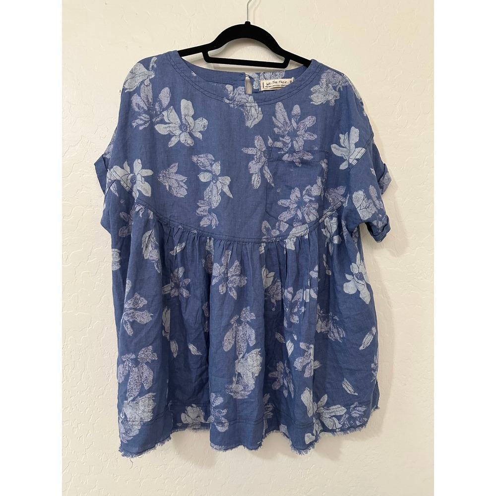 We The Free Moon City Printed Tee Blue Floral Linen Oversized XS Coastal Boho